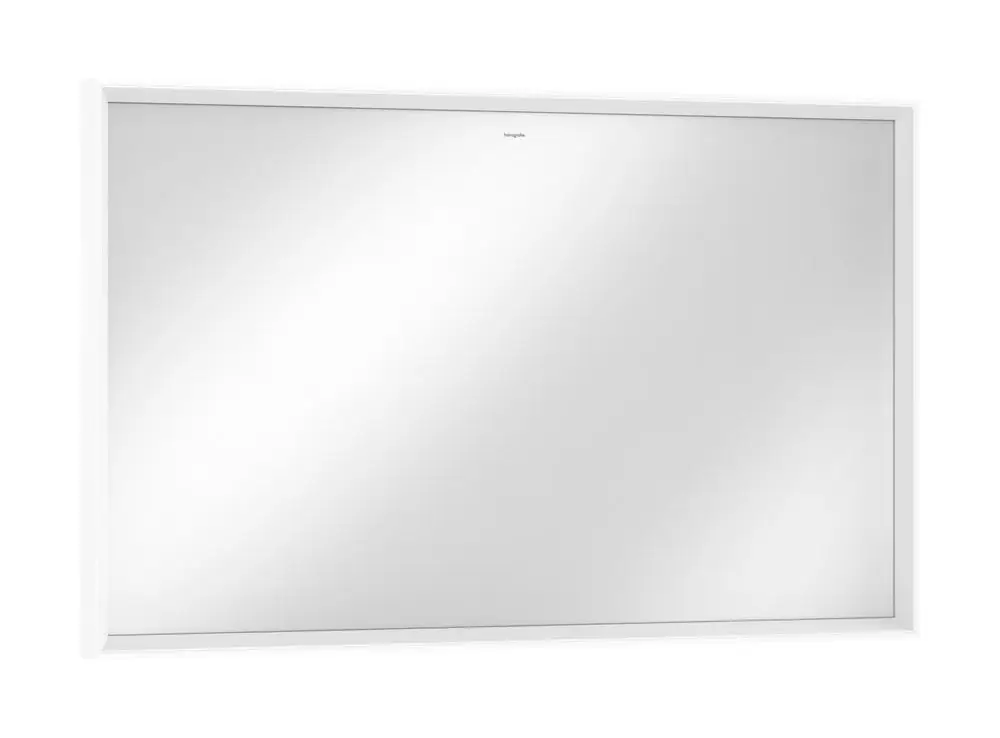 Weißer Spiegel mit LED-Beleuchtung, flachem Design und integrierter IR-Sensor-Technologie, hergestellt von Hansgrohe. Ideal für Badezimmeranwendungen.